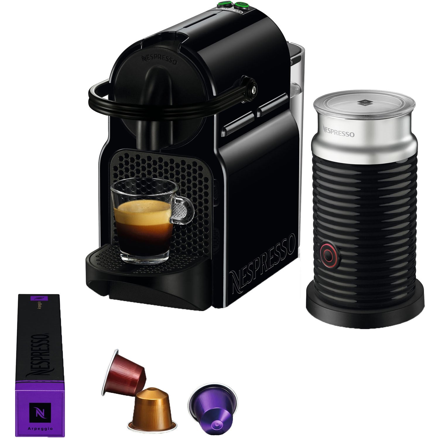 Black Nespresso machine bundle with Aeroccino frother and assorted capsules