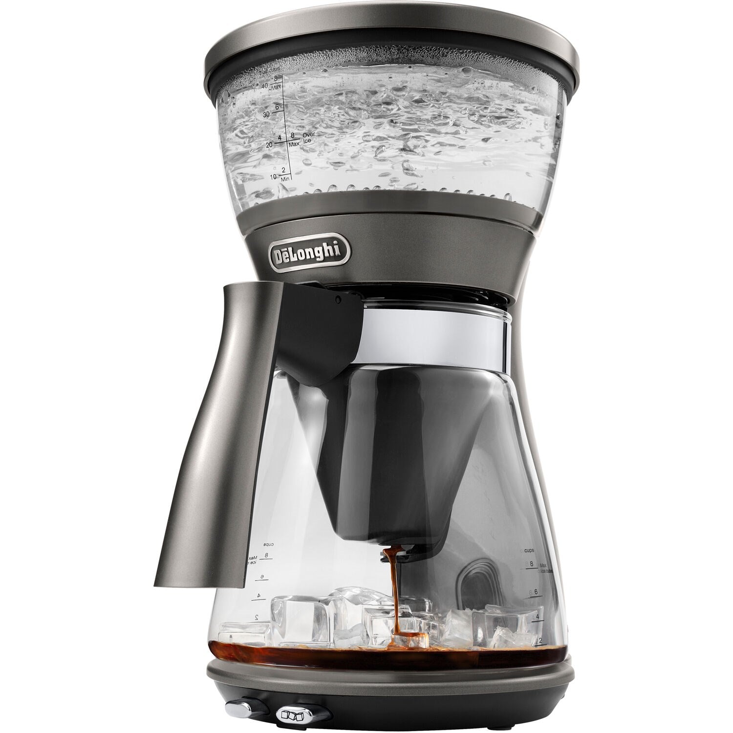 Glass carafe 3-in-1 coffee brewer with black and stainless base and spout