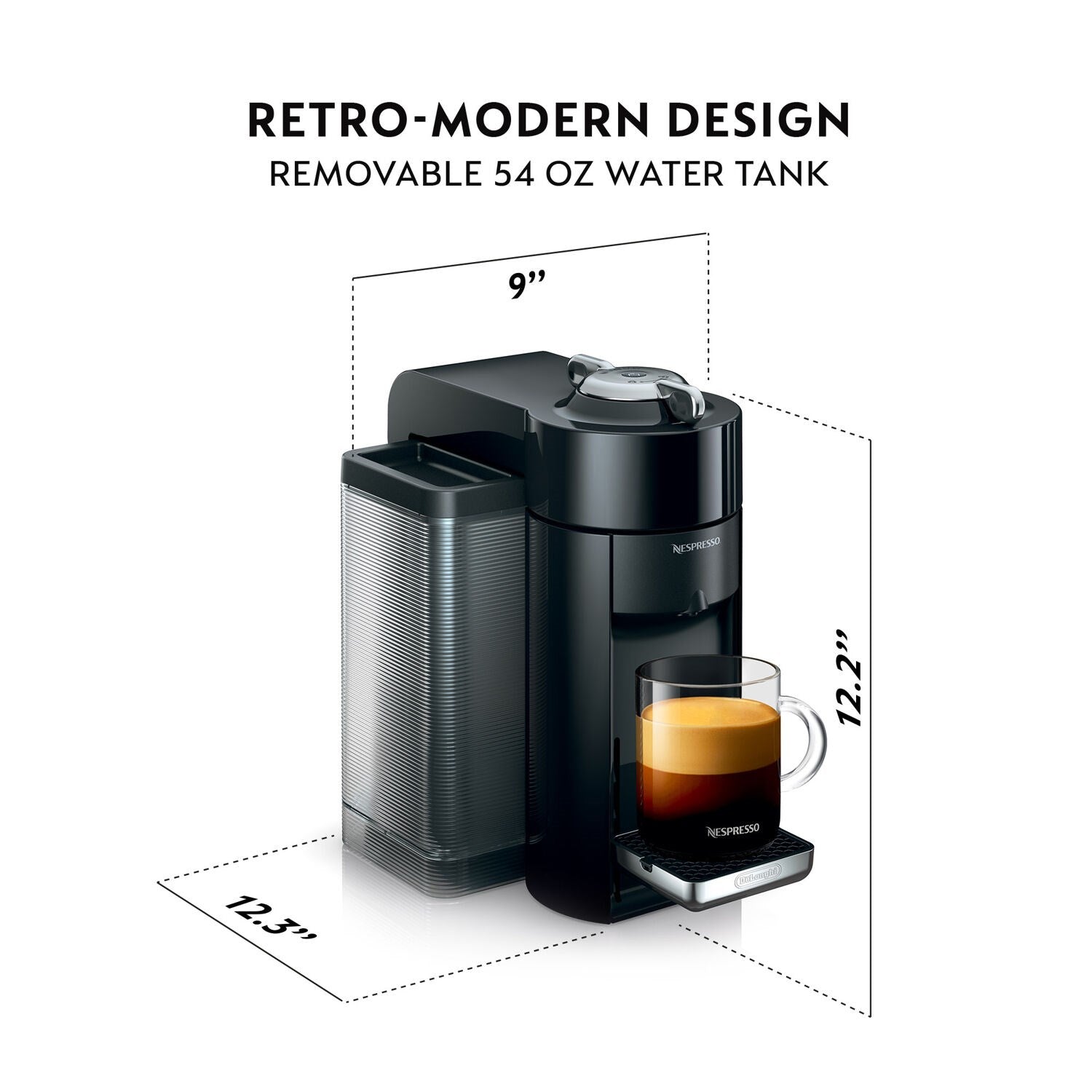 De'Longhi Nespresso Vertuo black single-serve coffee machine with removable water tank view
