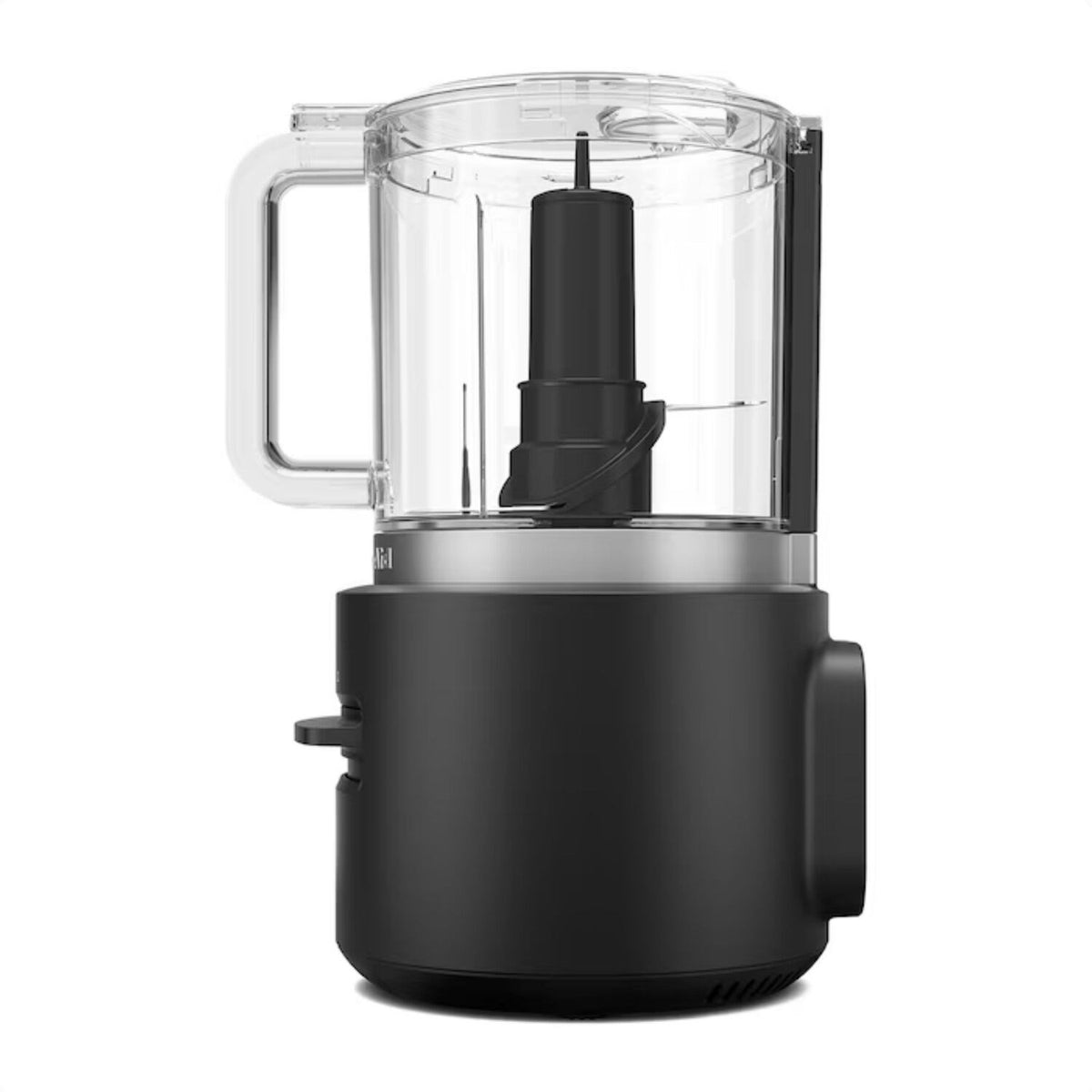 Black matte cordless chopper with clear container and stainless blade stem on base