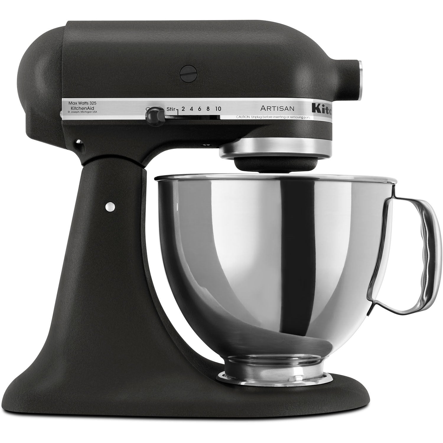 Black tilt-head stand mixer with stainless bowl and handle, front view