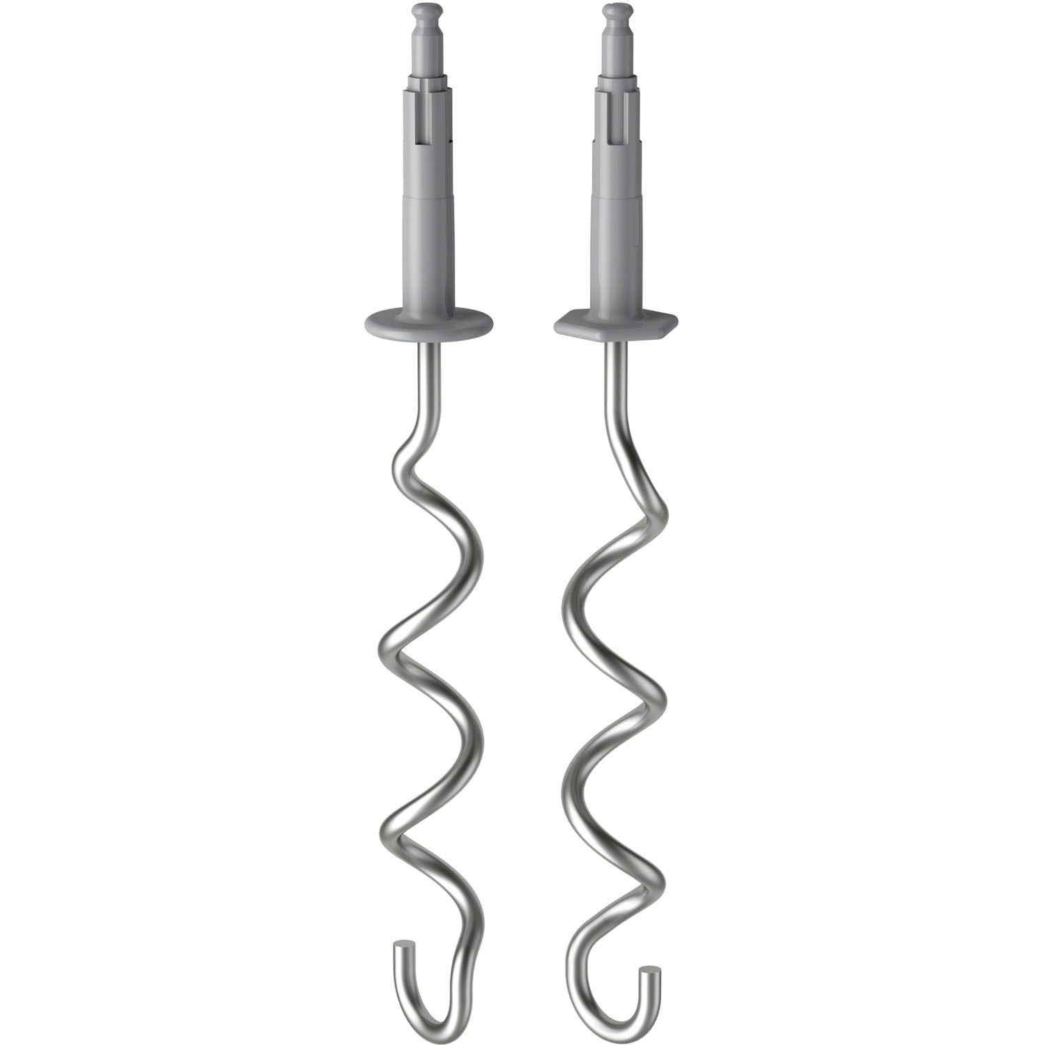 Two silver spiral dough hooks, curved whisk-style beaters.