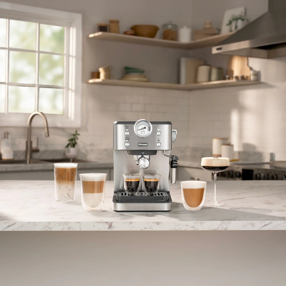 Stainless steel espresso machine with milk frother dispensing drinks into cups on drip tray