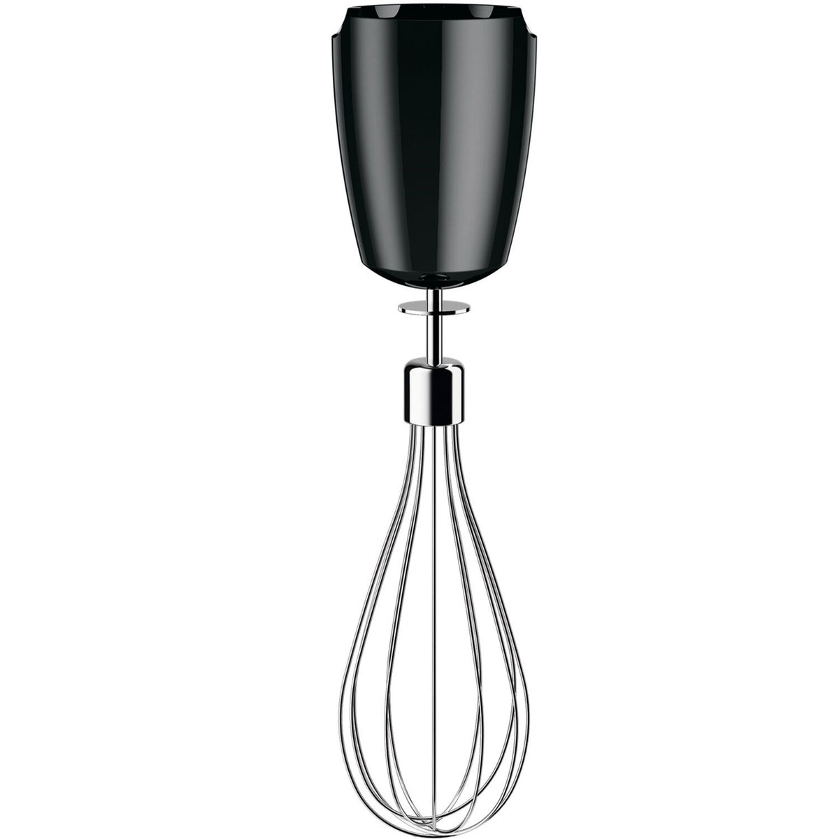 Metal whisk attachment with black cap for Braun hand blender.
