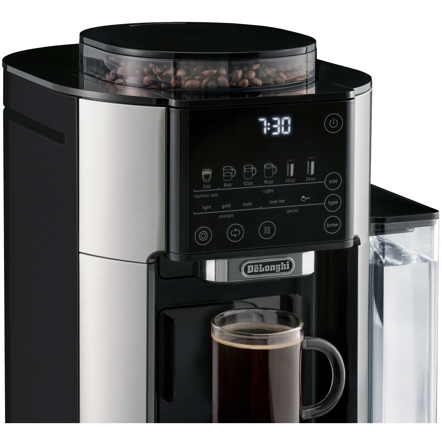 Black and stainless bean hopper automatic coffee maker with cup and side tank