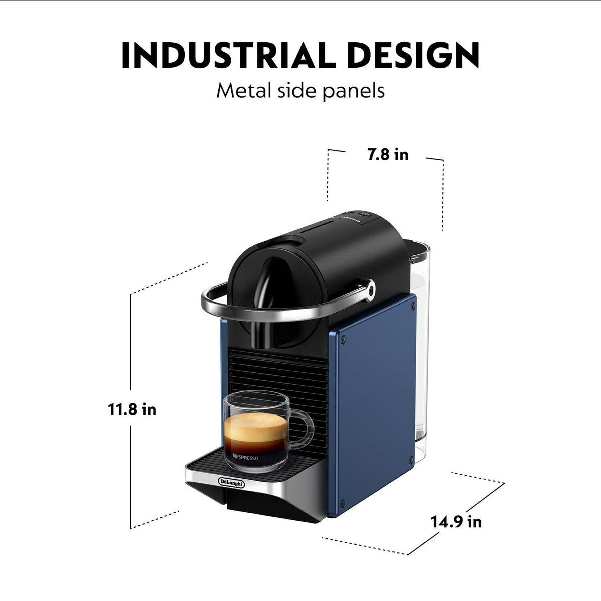 Nespresso Pixie espresso machine with dark blue metal side panels and dimensions diagram