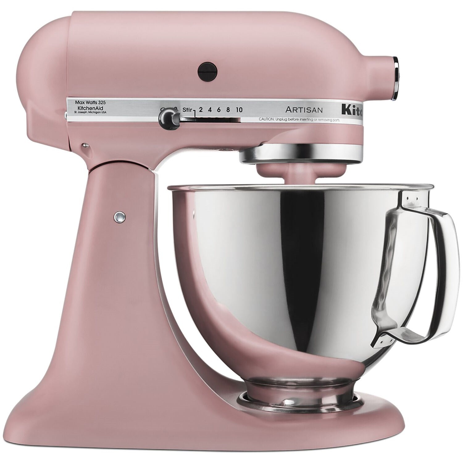 Matte dried rose stand mixer with stainless bowl and tilt-head speed dial