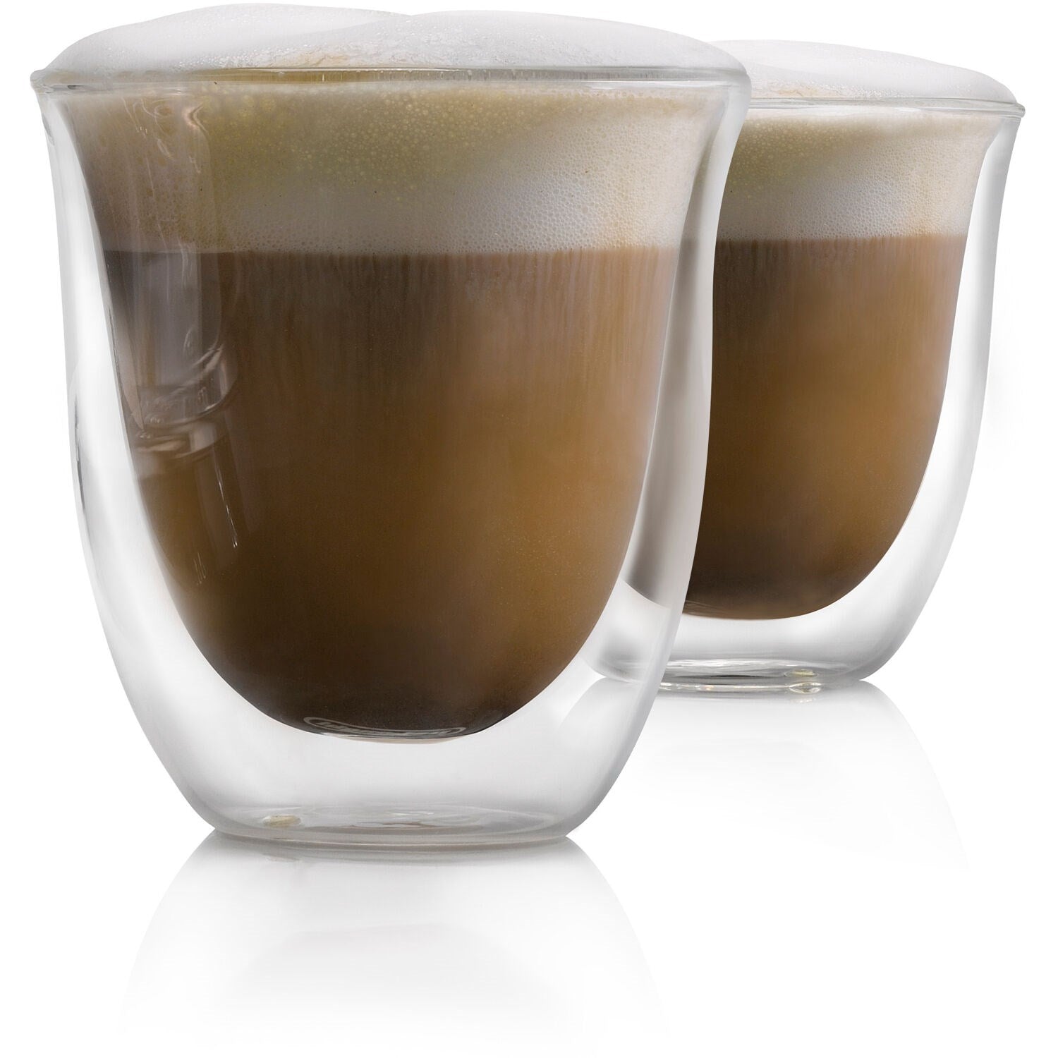 Double-wall glass cappuccino cups with iced coffee and foam, with condensation