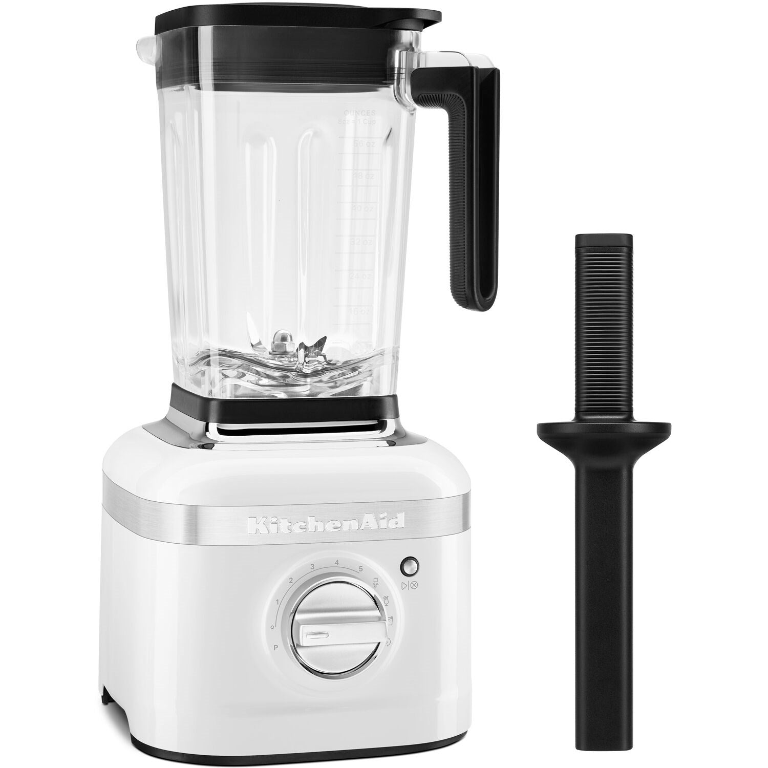 White blender with clear jar, black lid, and black blending attachment