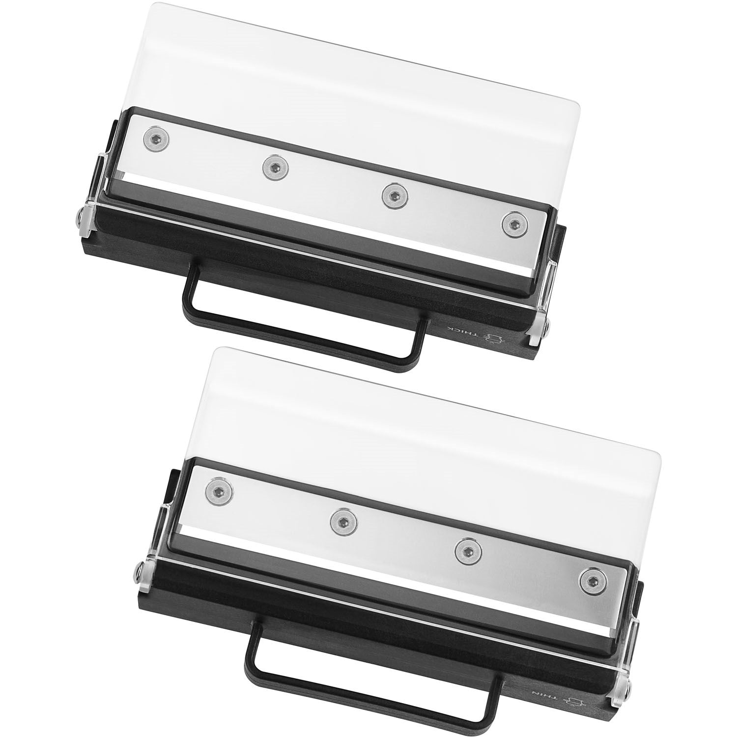 Vegetable sheet cutter attachment set with two white cutting housings and black frames