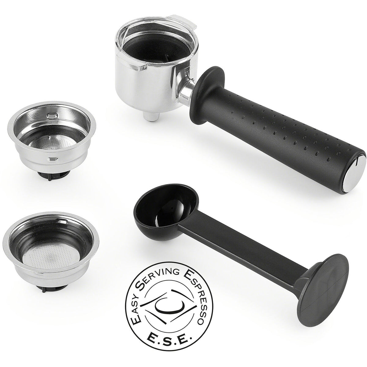 Espresso portafilter accessories: double-spout handle, filter baskets, E.S.E holder