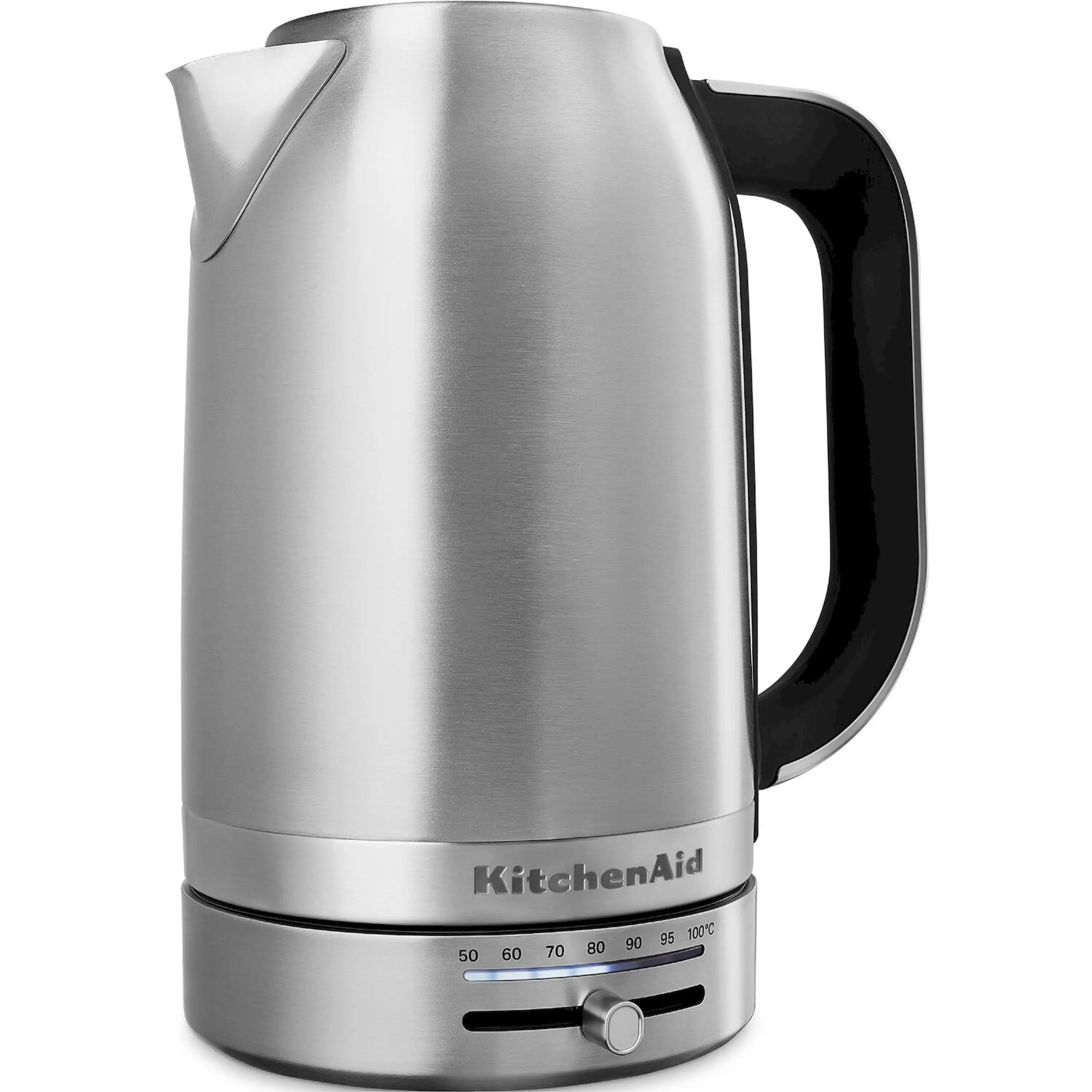 Brushed stainless steel electric kettle with black handle and temperature control dial