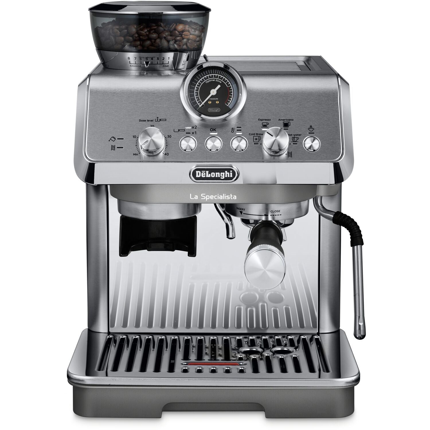 Silver espresso machine front view with bean hopper and control knobs