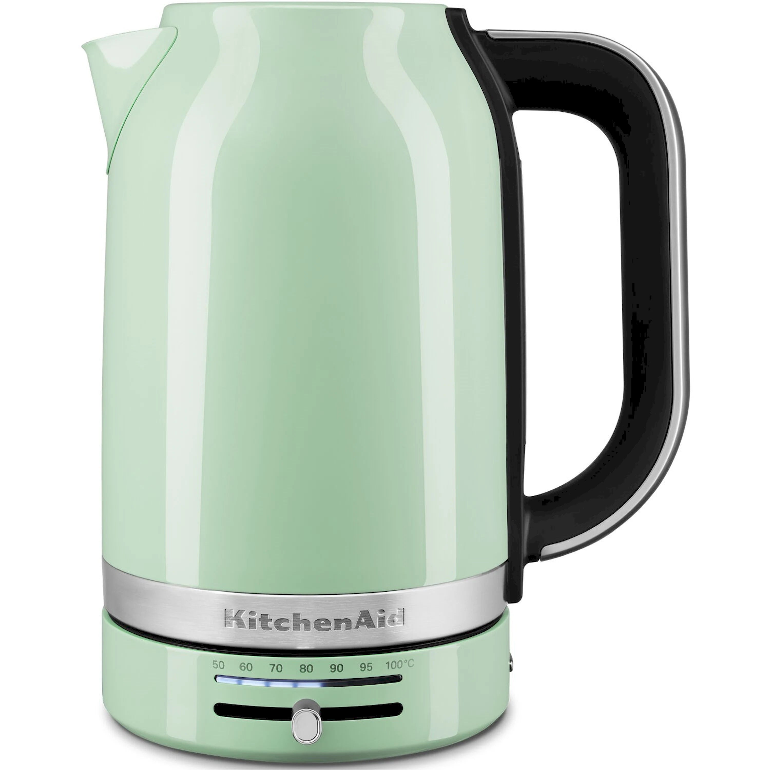 Pistachio green electric kettle with black handle and temperature indicator band