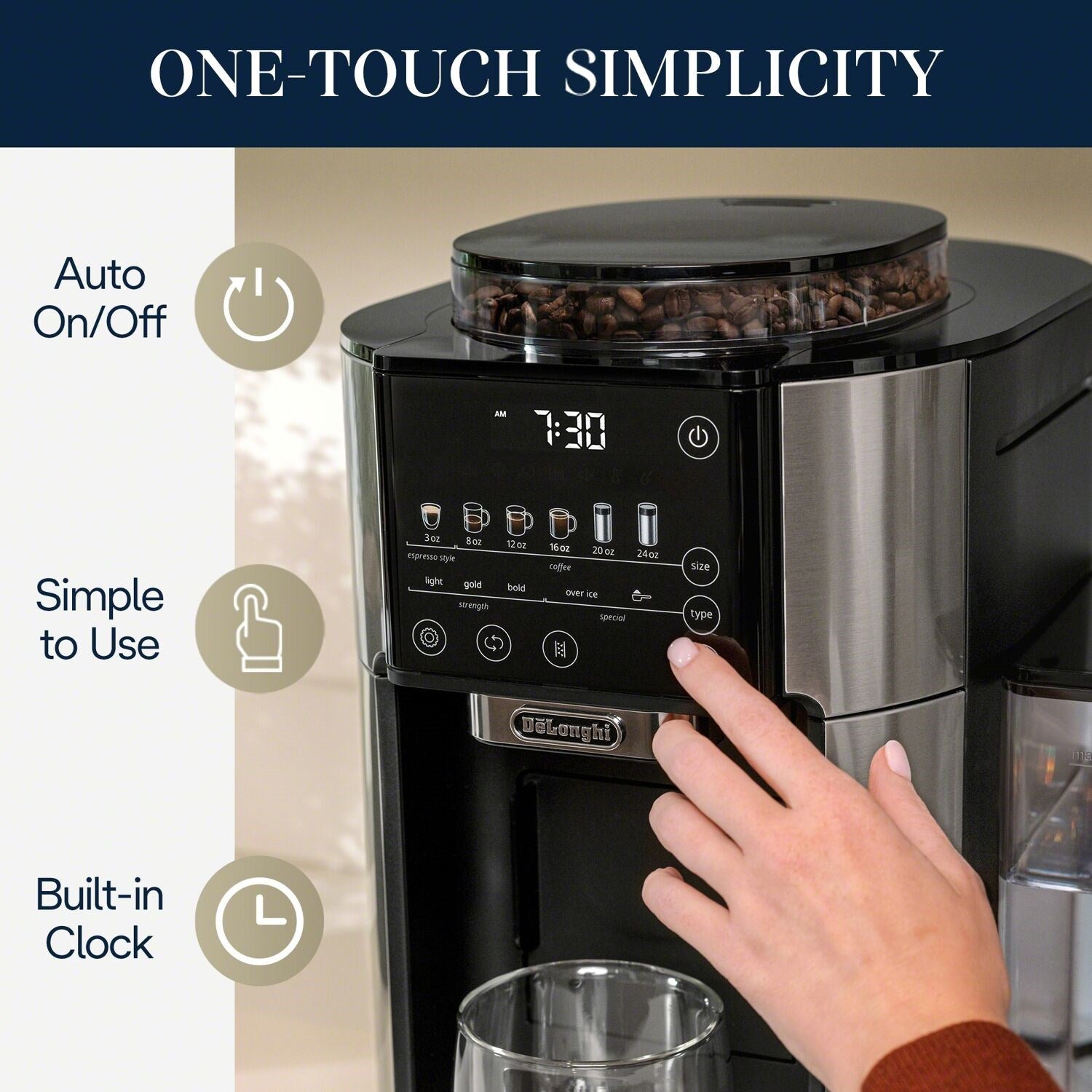 Automatic coffee maker with touchscreen display, stainless steel and black body