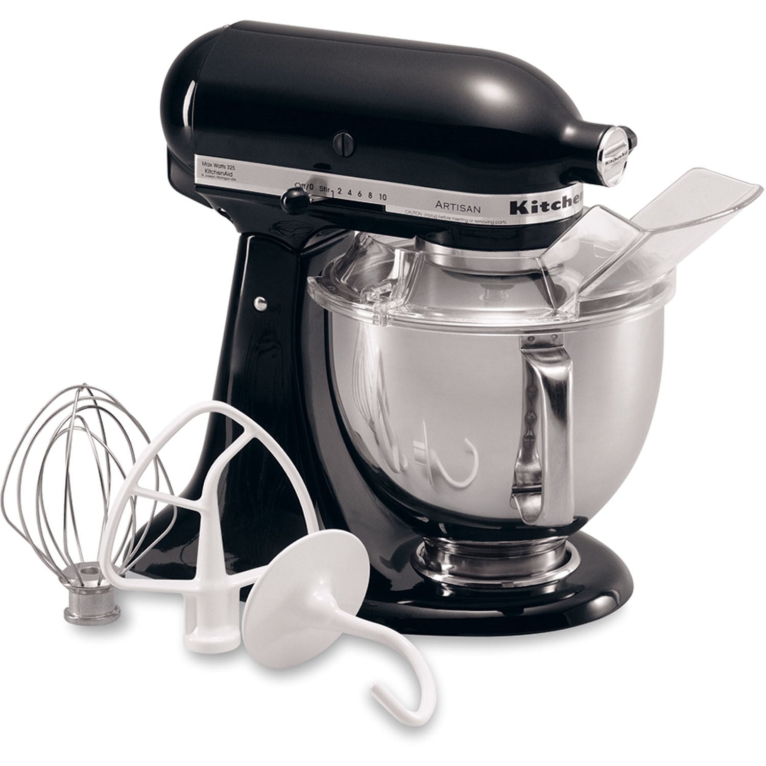 Onyx black stand mixer with stainless bowl and white mixing attachments