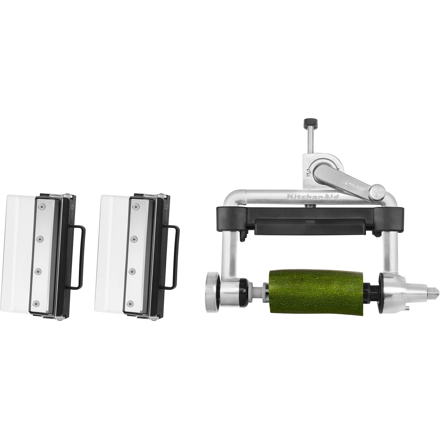 Vegetable sheet cutter attachment components: two cutters and roller assembly with green drum