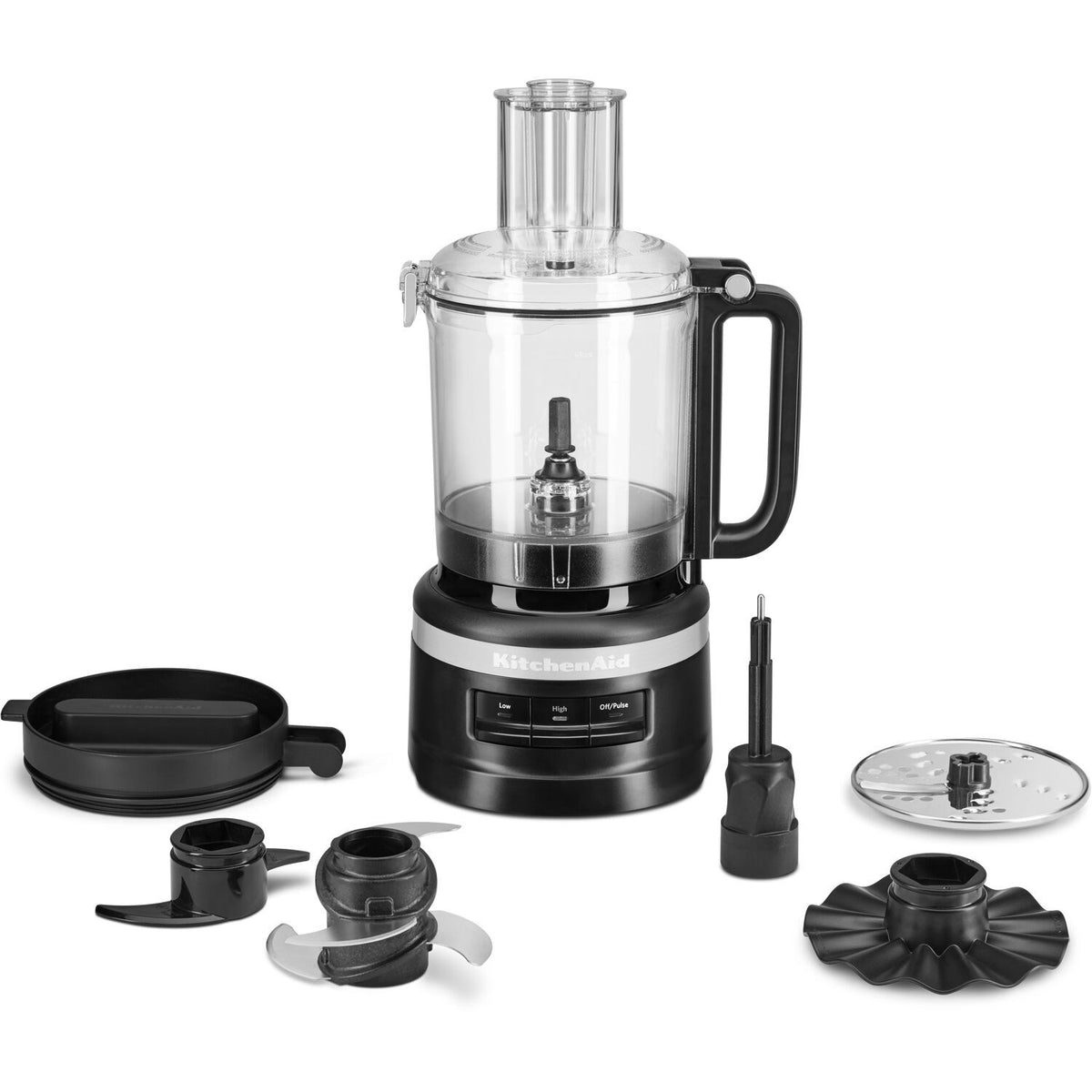 Black food processor with clear bowl plus included slicing and chopping blades