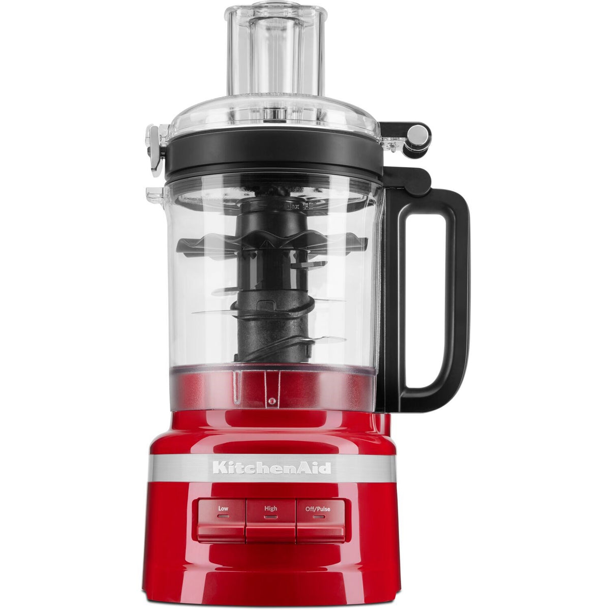 KitchenAid food processor with clear lid, red base, black central blade, and control buttons