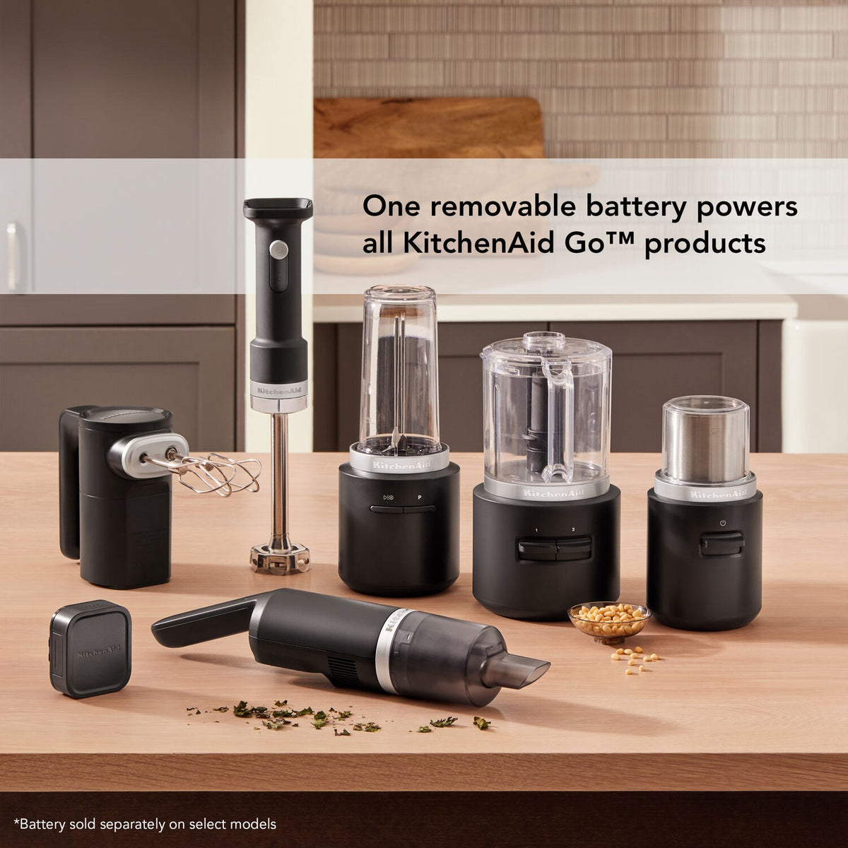 Black cordless chopper with clear cup and removable battery base on kitchen countertop