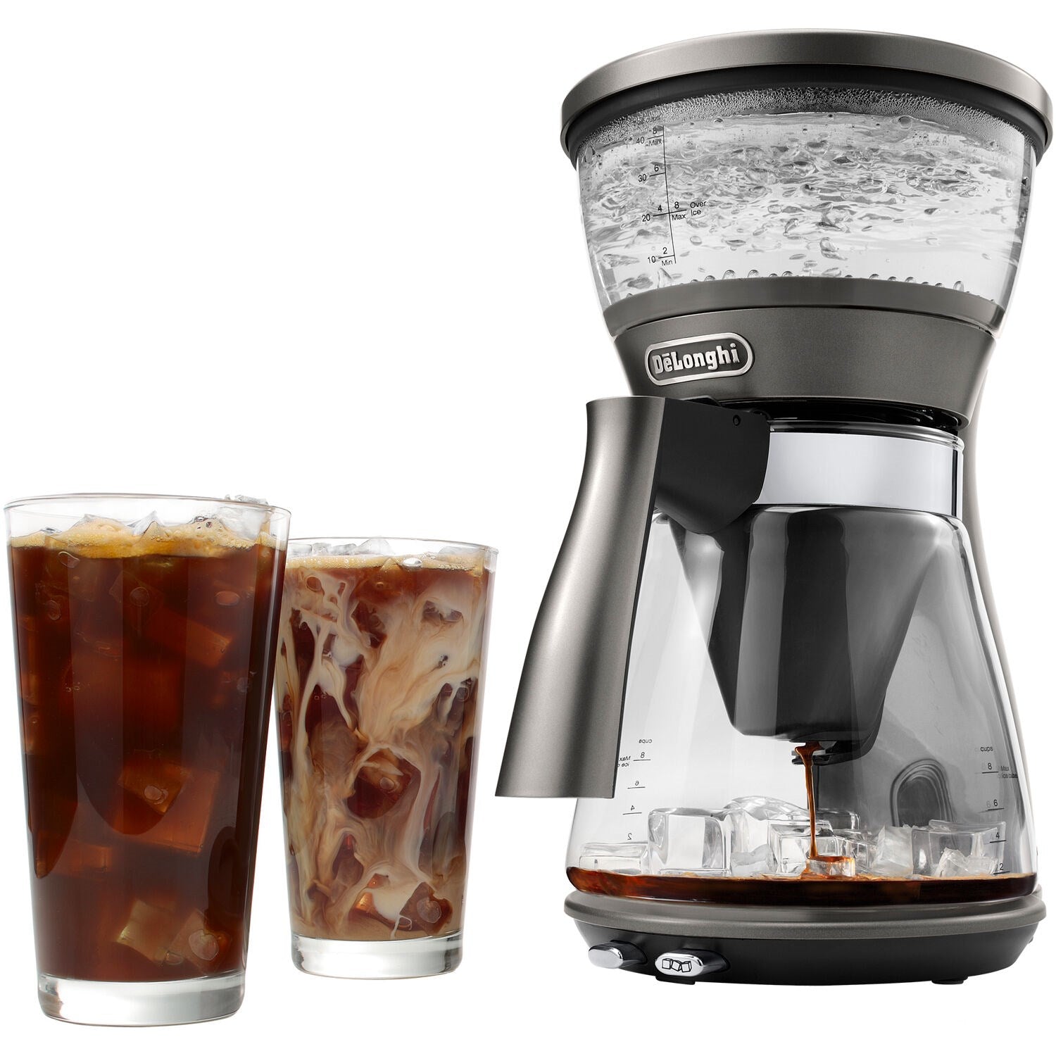 De'Longhi 3-in-1 coffee brewer with glass carafe and two cups of brewed coffee