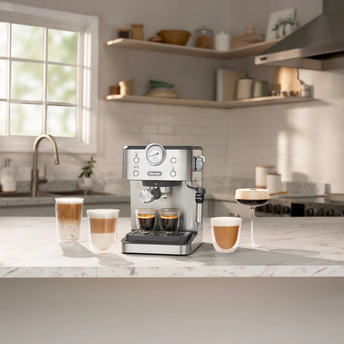 Stainless steel espresso machine with milk frother and pressure gauge, with multiple filled cups