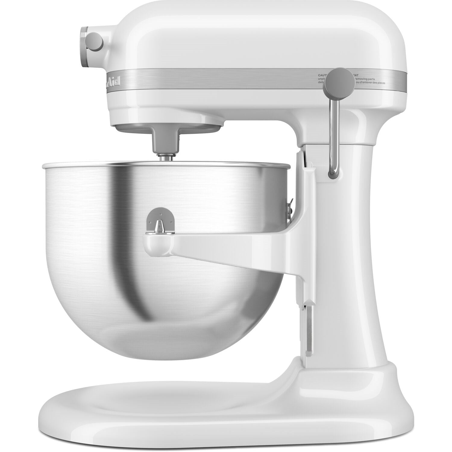 White KitchenAid bowl-lift stand mixer with stainless mixing bowl and beater attachment