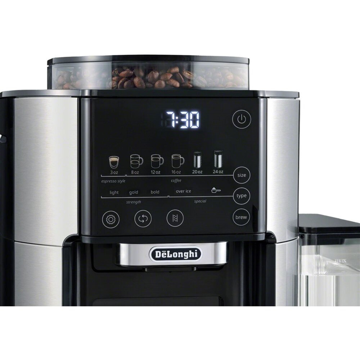 Close-up of black and stainless automatic coffee maker control panel and display