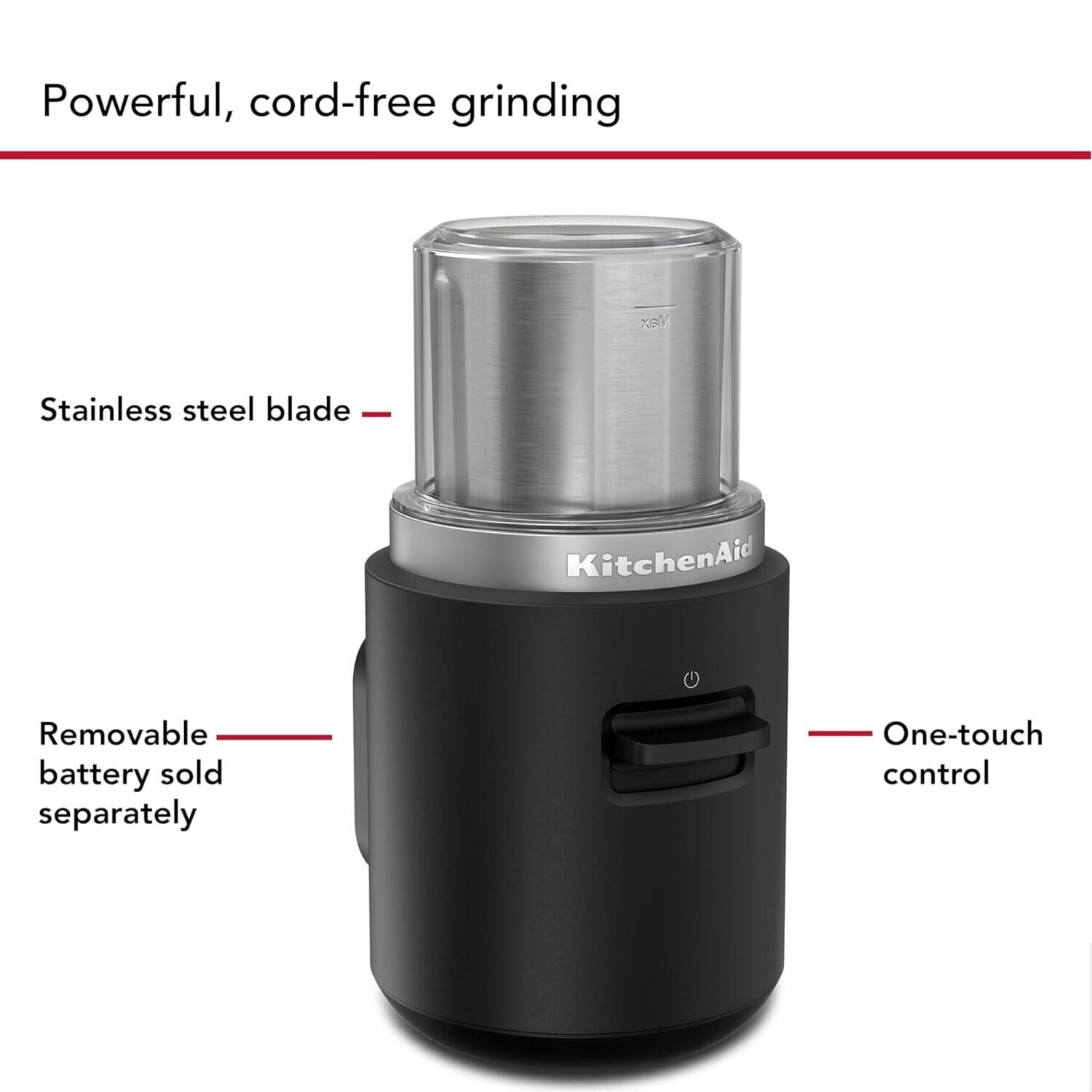 Cordless coffee grinder showing stainless blade, removable battery, and one-touch control