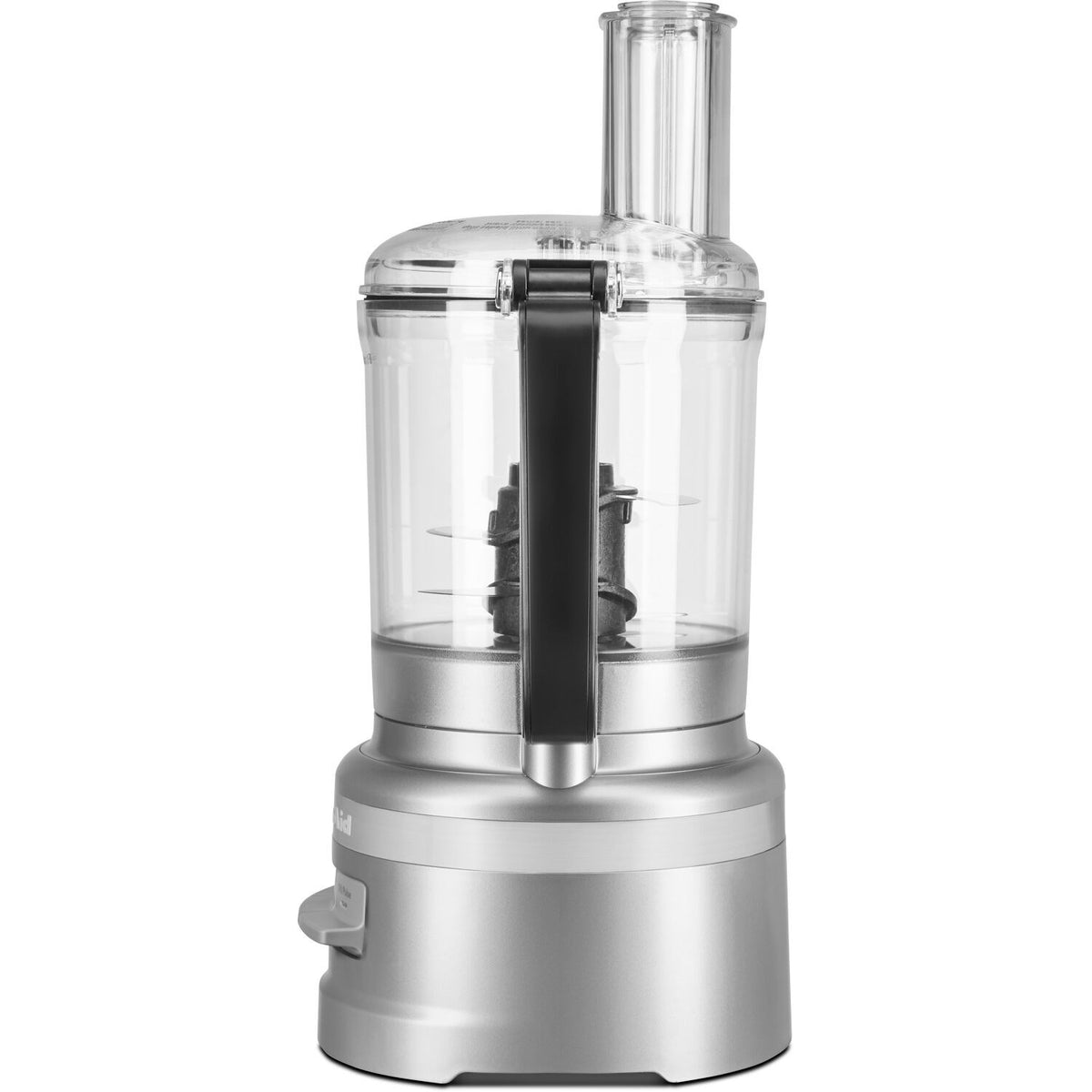 KitchenAid food processor with clear bowl, black blade assembly, silver base