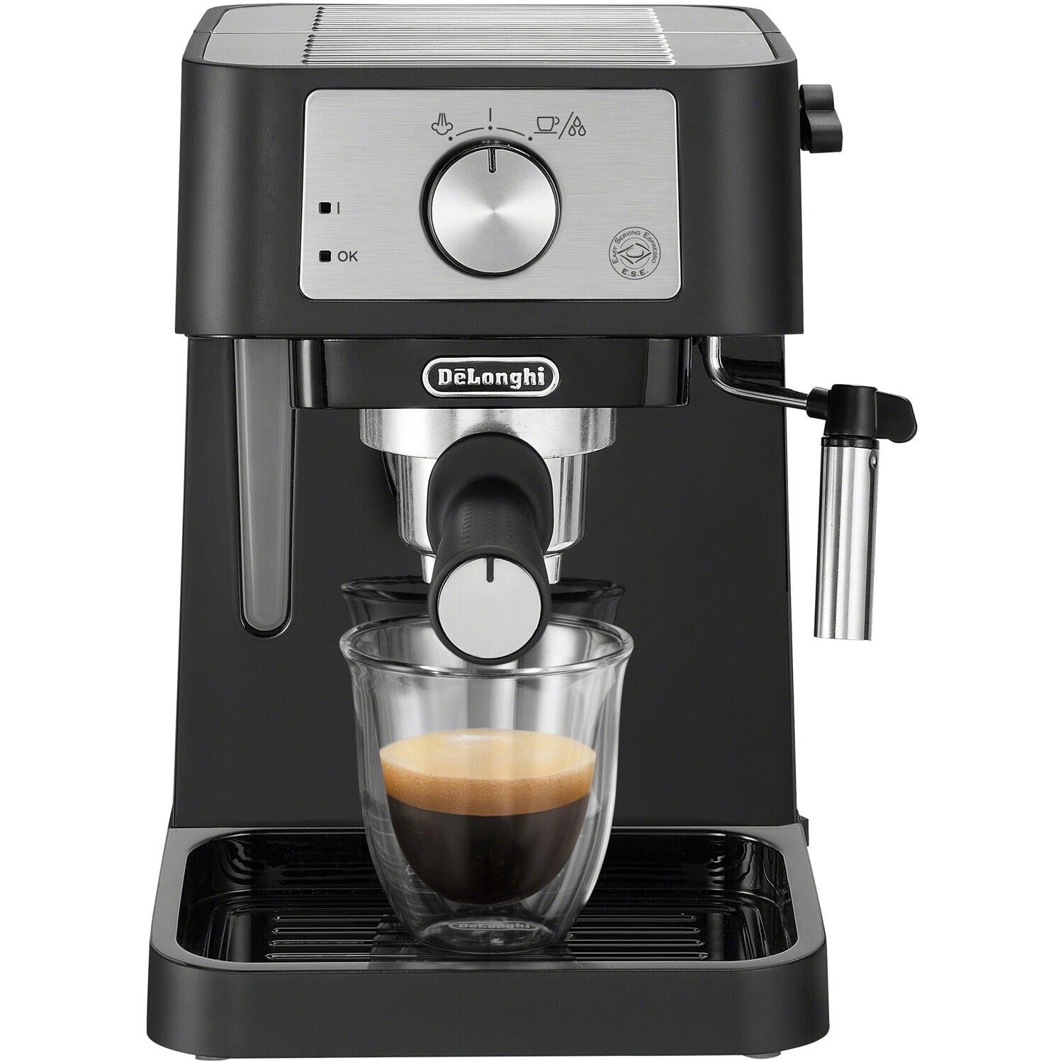 Front view black espresso machine with steam nozzle and glass cup