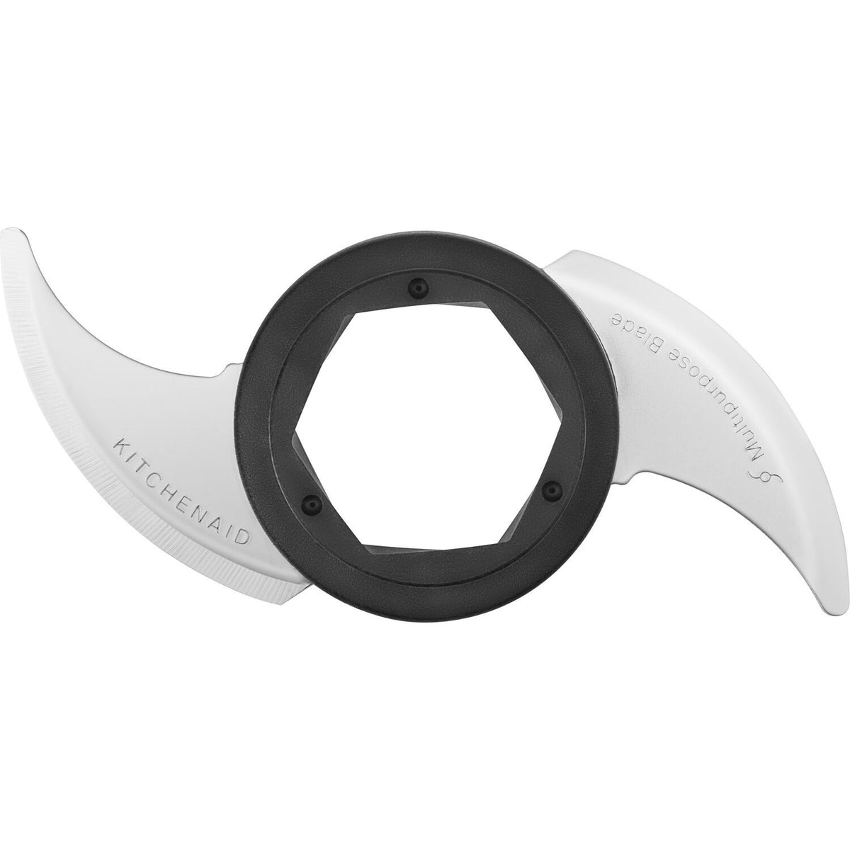 Food processor blade accessory with gray cutting edge and central hex opening