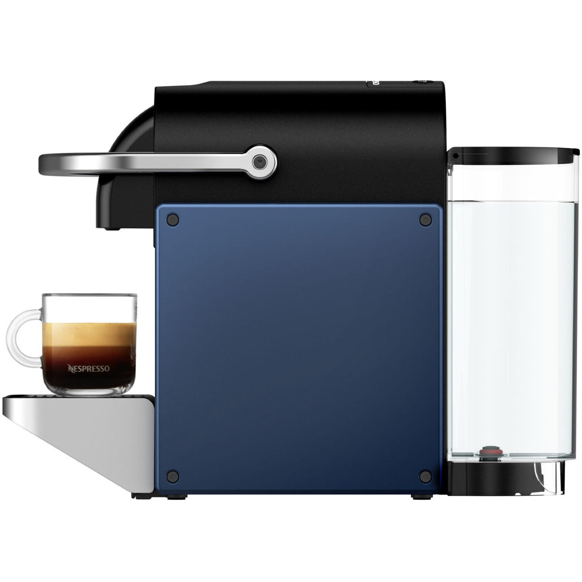 Side view of dark blue Nespresso Pixie espresso machine with cup and capsule area