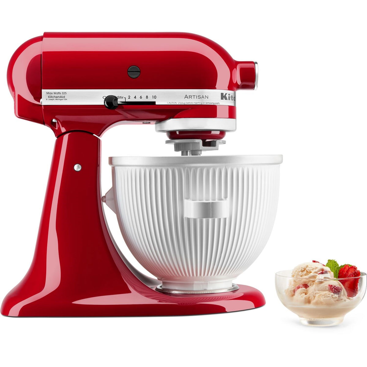 Ice cream maker attachment with white bowl on red Artisan stand mixer