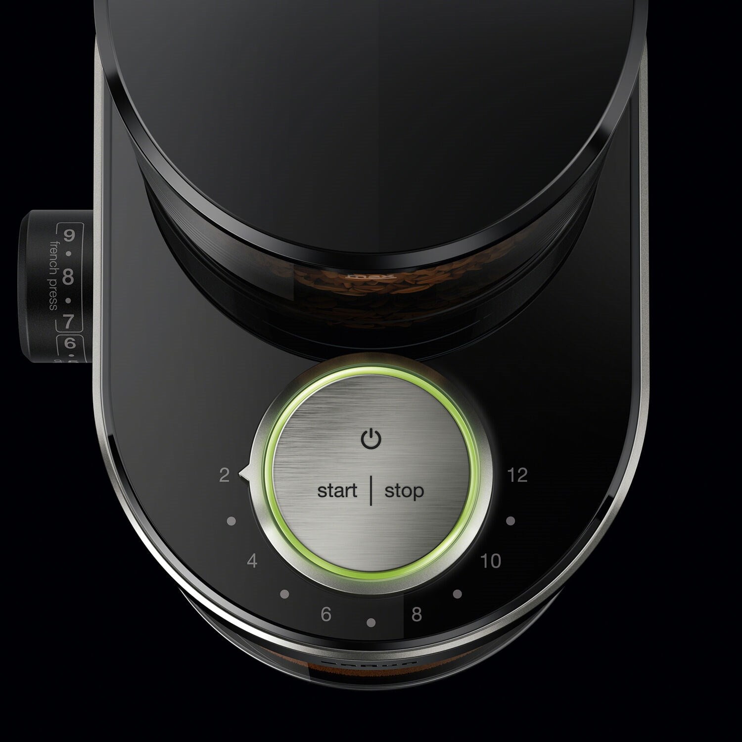 Burr coffee grinder control panel with start/stop button and numbered grind settings
