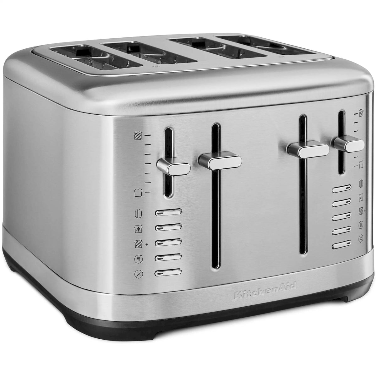 Brushed stainless steel 4-slice toaster with four toasting slots and side browning dials