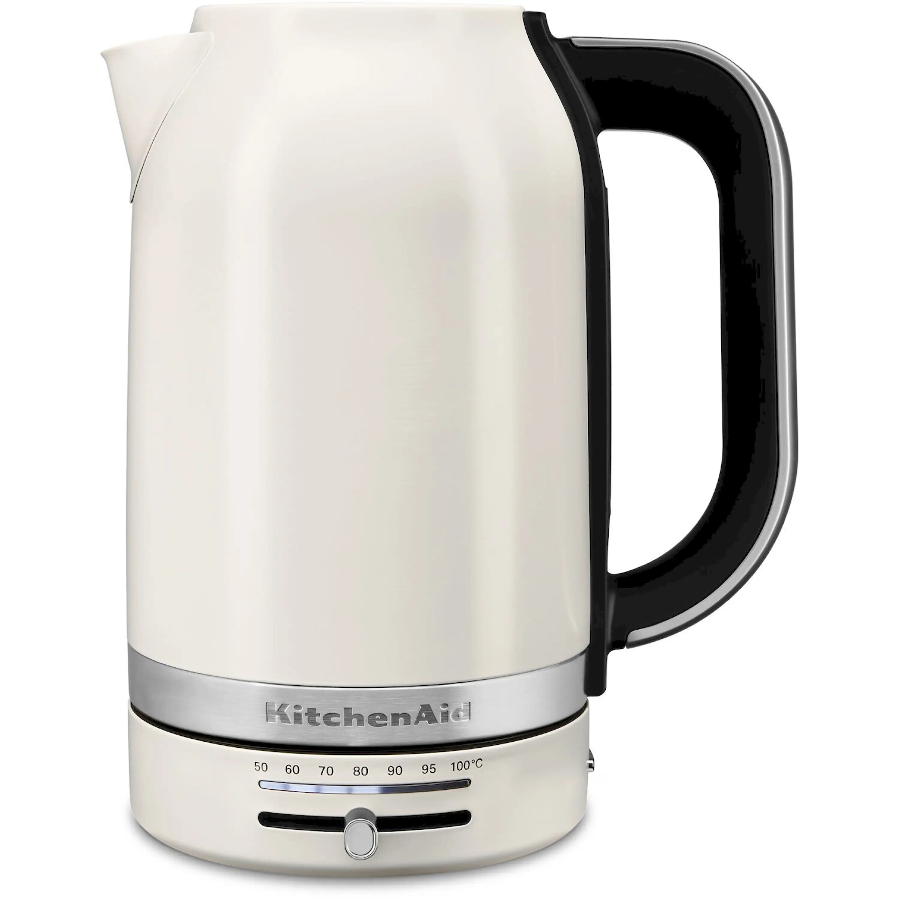 Porcelain electric water kettle with black side handle and temperature dial at base