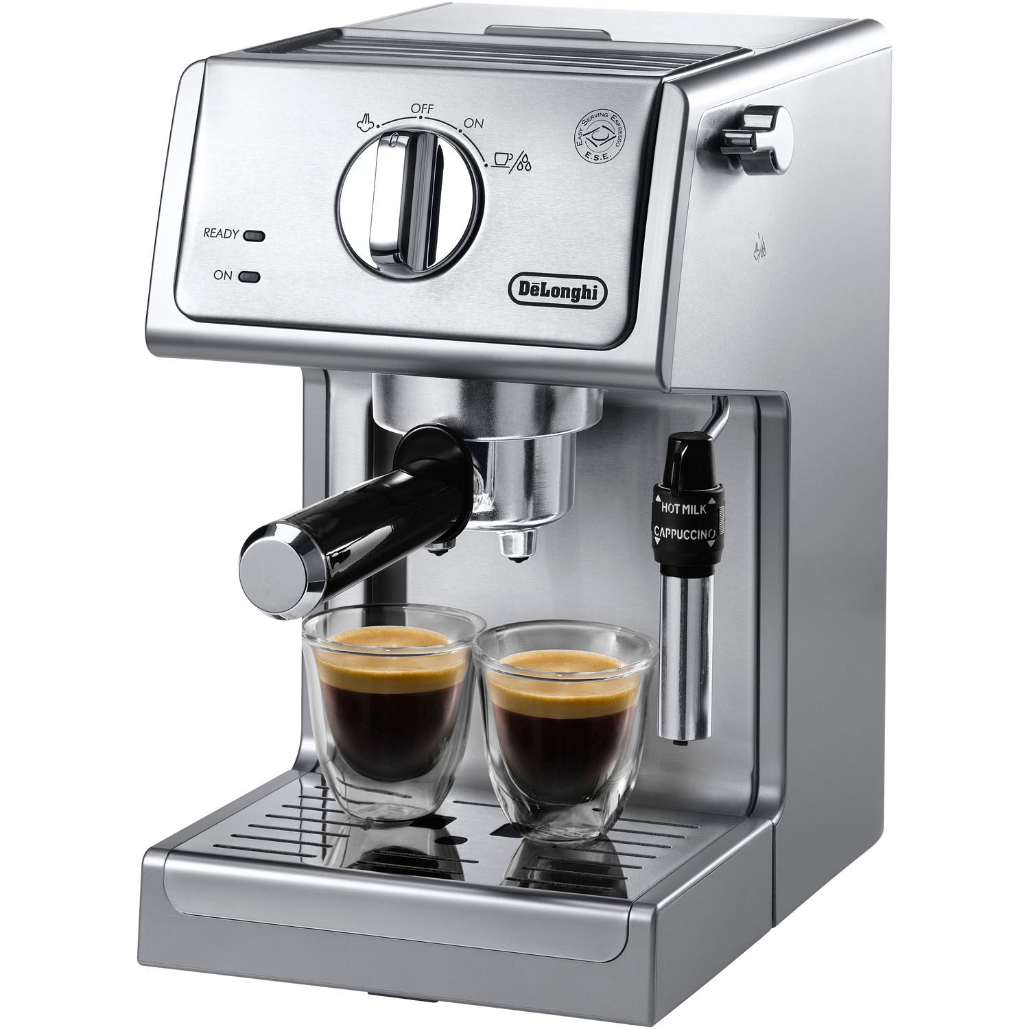 De'Longhi stainless espresso machine with control dial, portafilter, and two cups