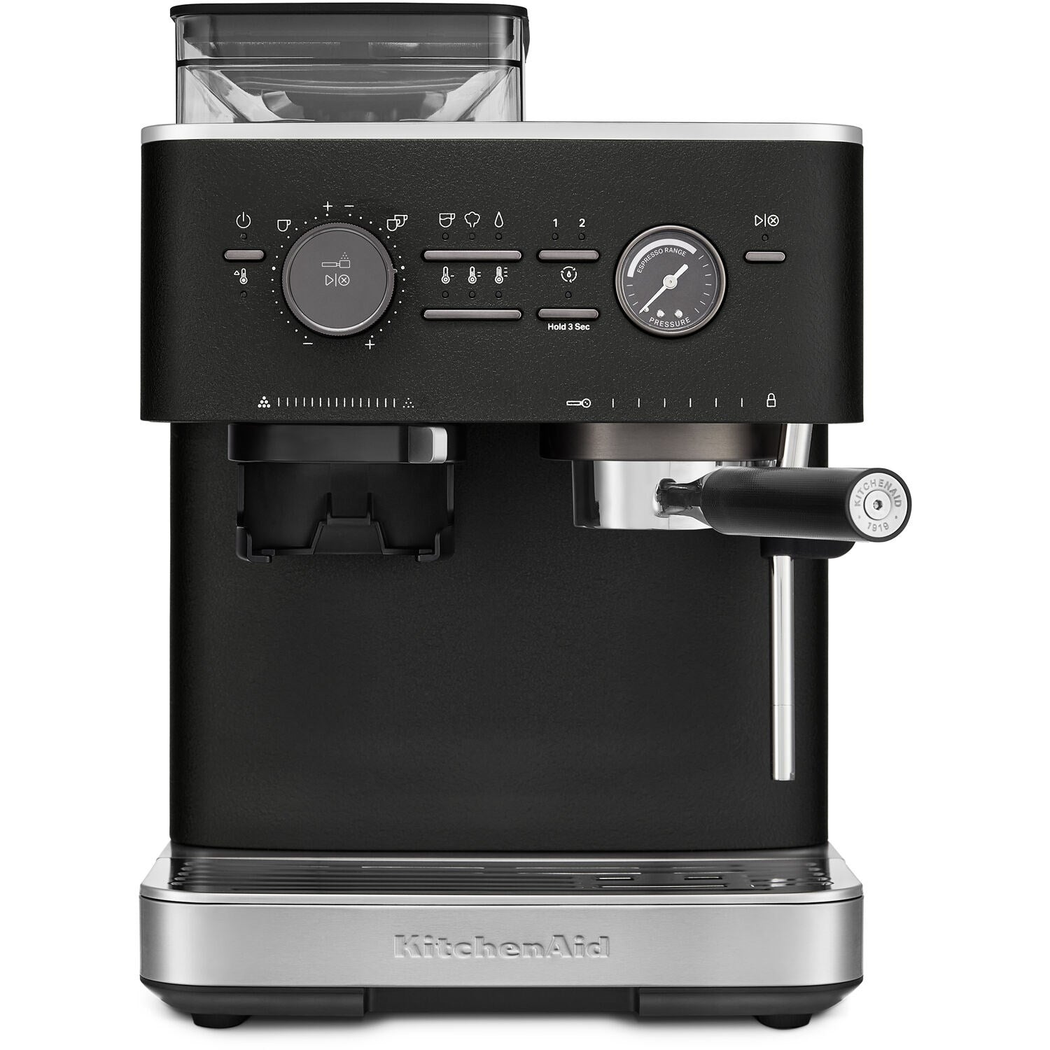 Black espresso machine front view with control panel, brewing spout, and stainless base
