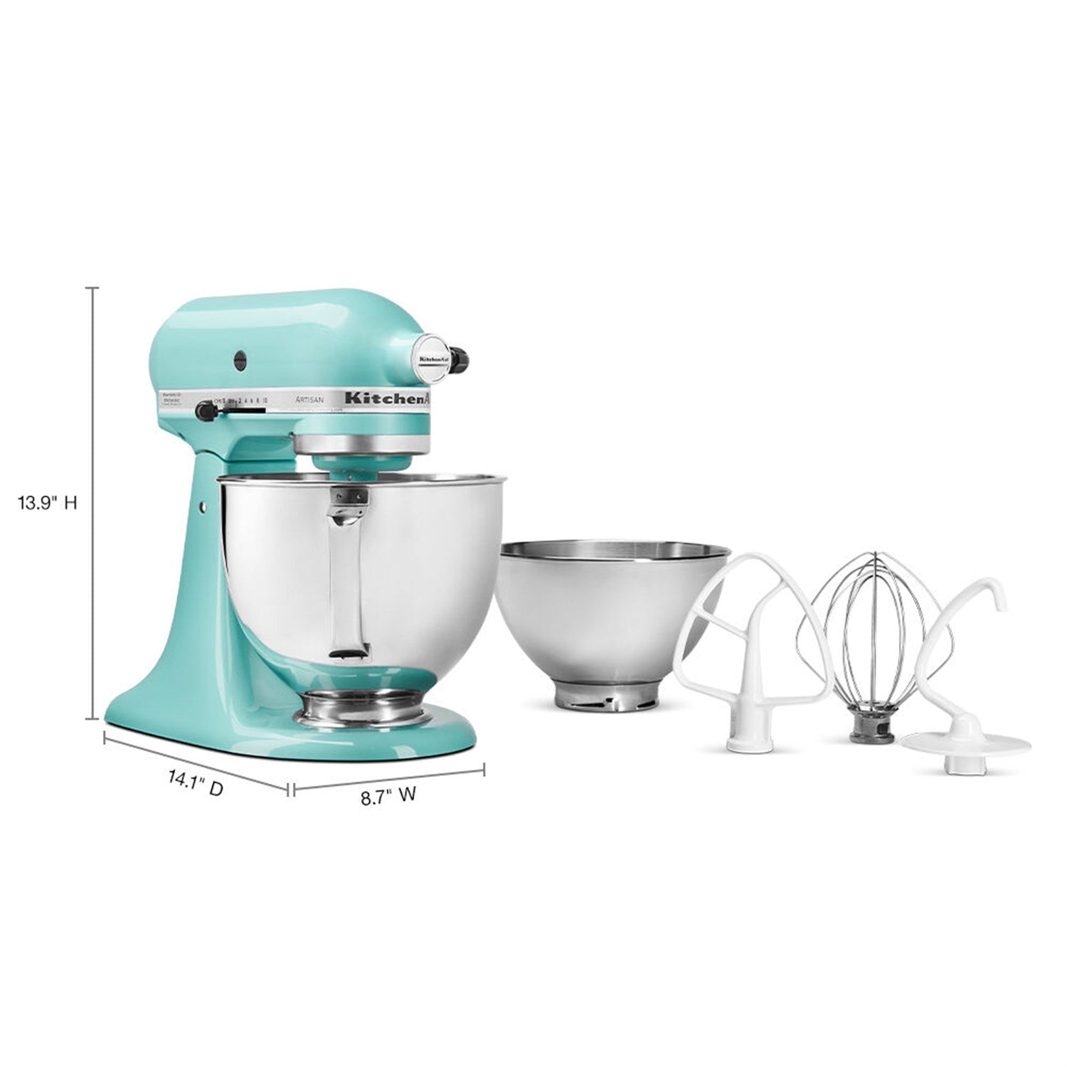 Aqua tilt-head stand mixer with stainless bowl, extra 3-qt bowl, whisk and dough hook
