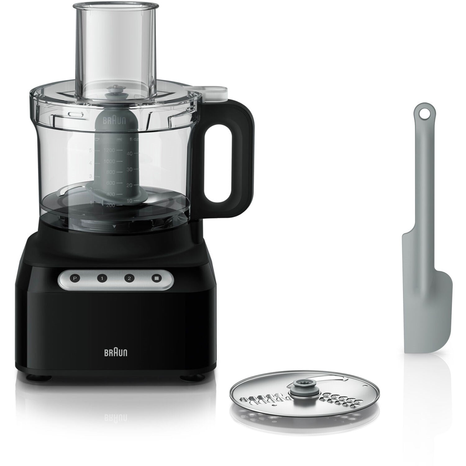 Braun Easy Prep 8-cup food processor with clear bowl and black base, plus accessory disc