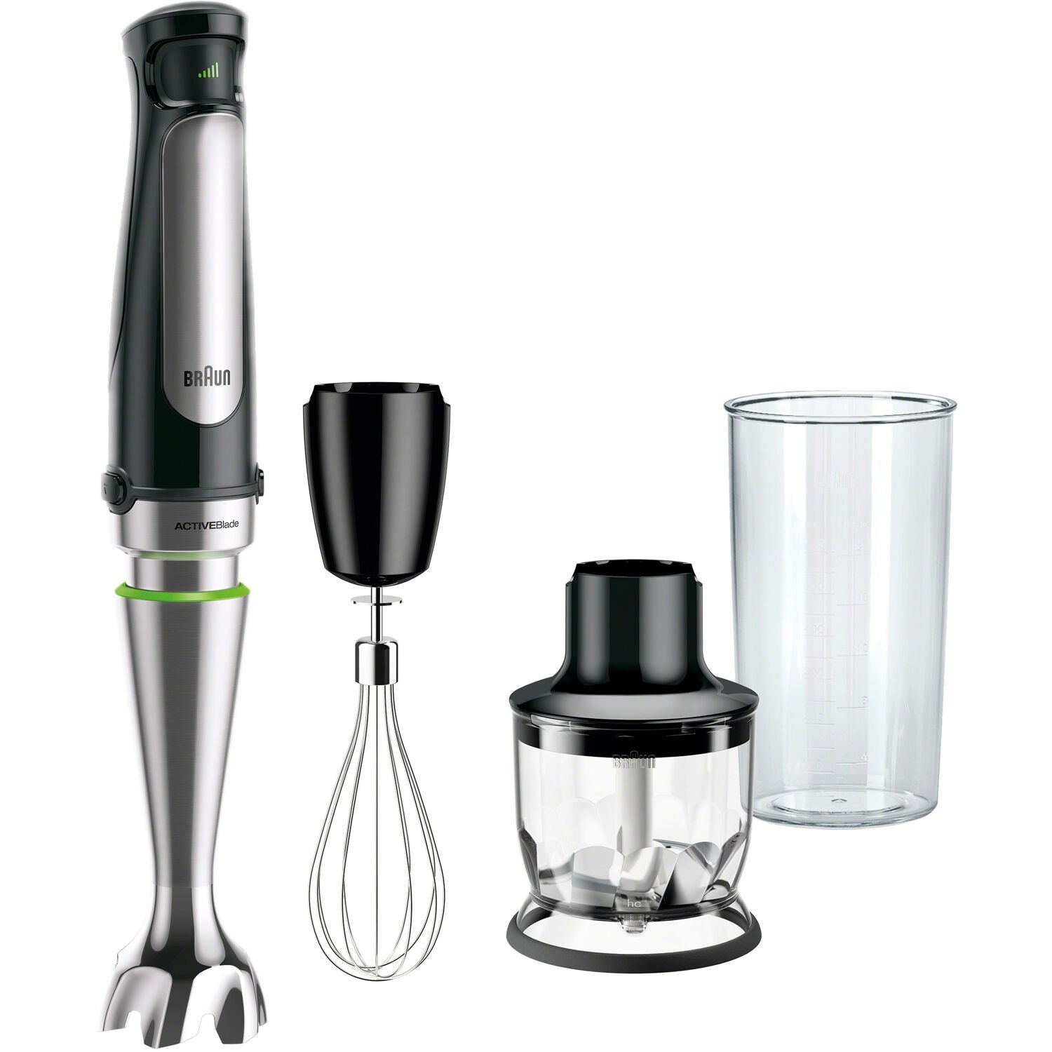 Braun hand blender with whisk, chopper, and blending cup attachments set
