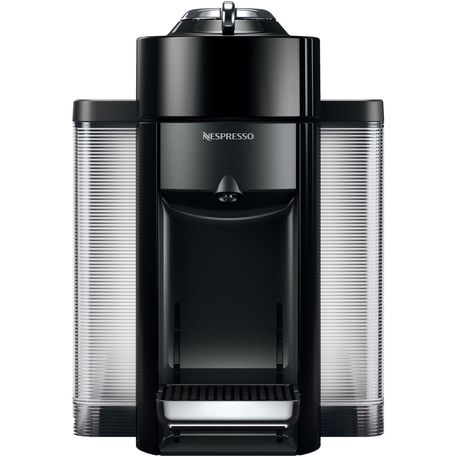 De'Longhi Nespresso Vertuo black front view coffee machine with drip tray