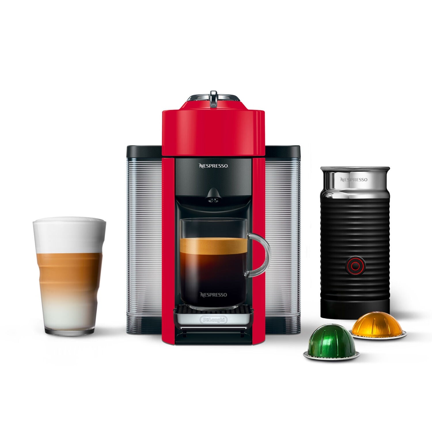 Red Nespresso Vertuo coffee machine shown with Aeroccino frother and capsule pods
