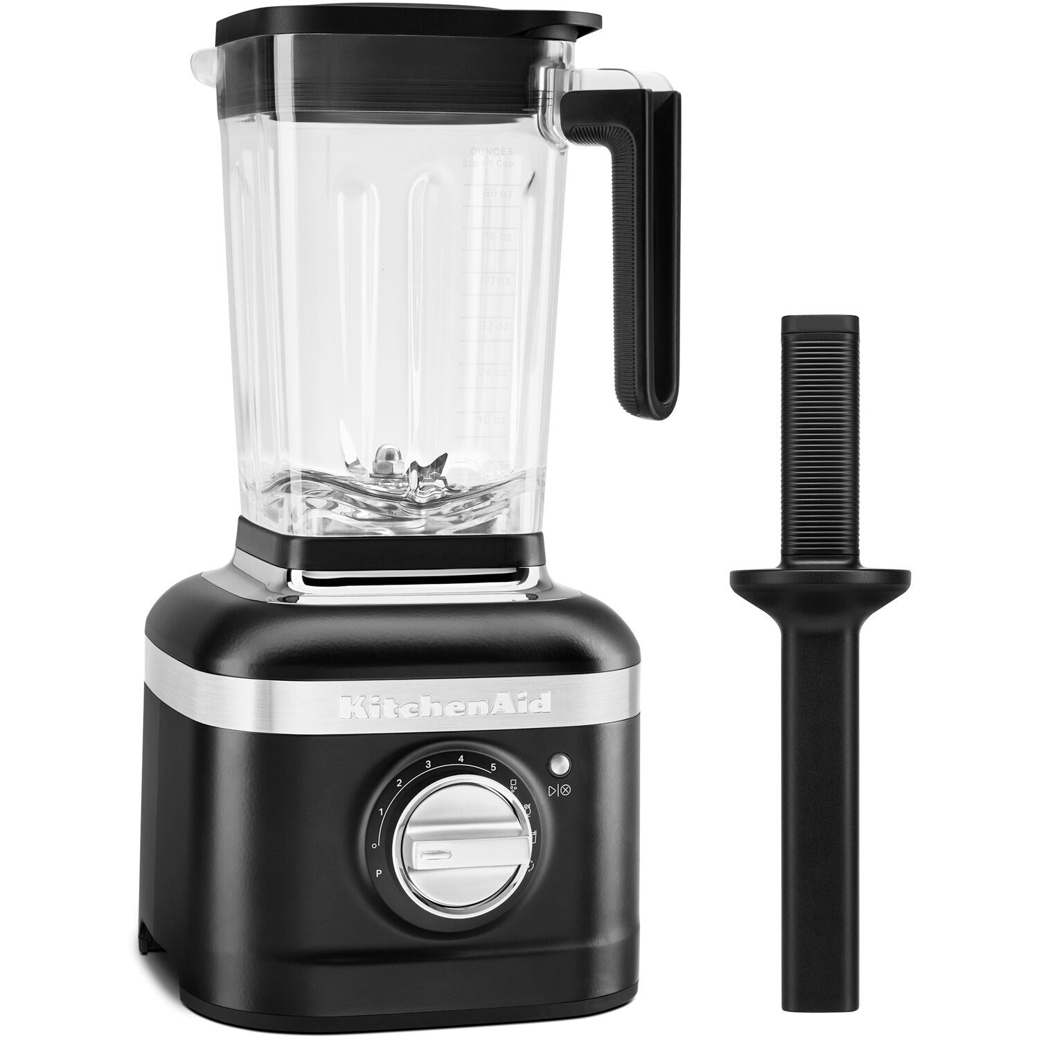 KitchenAid blender with clear jar, black base, and detachable blending jar lid