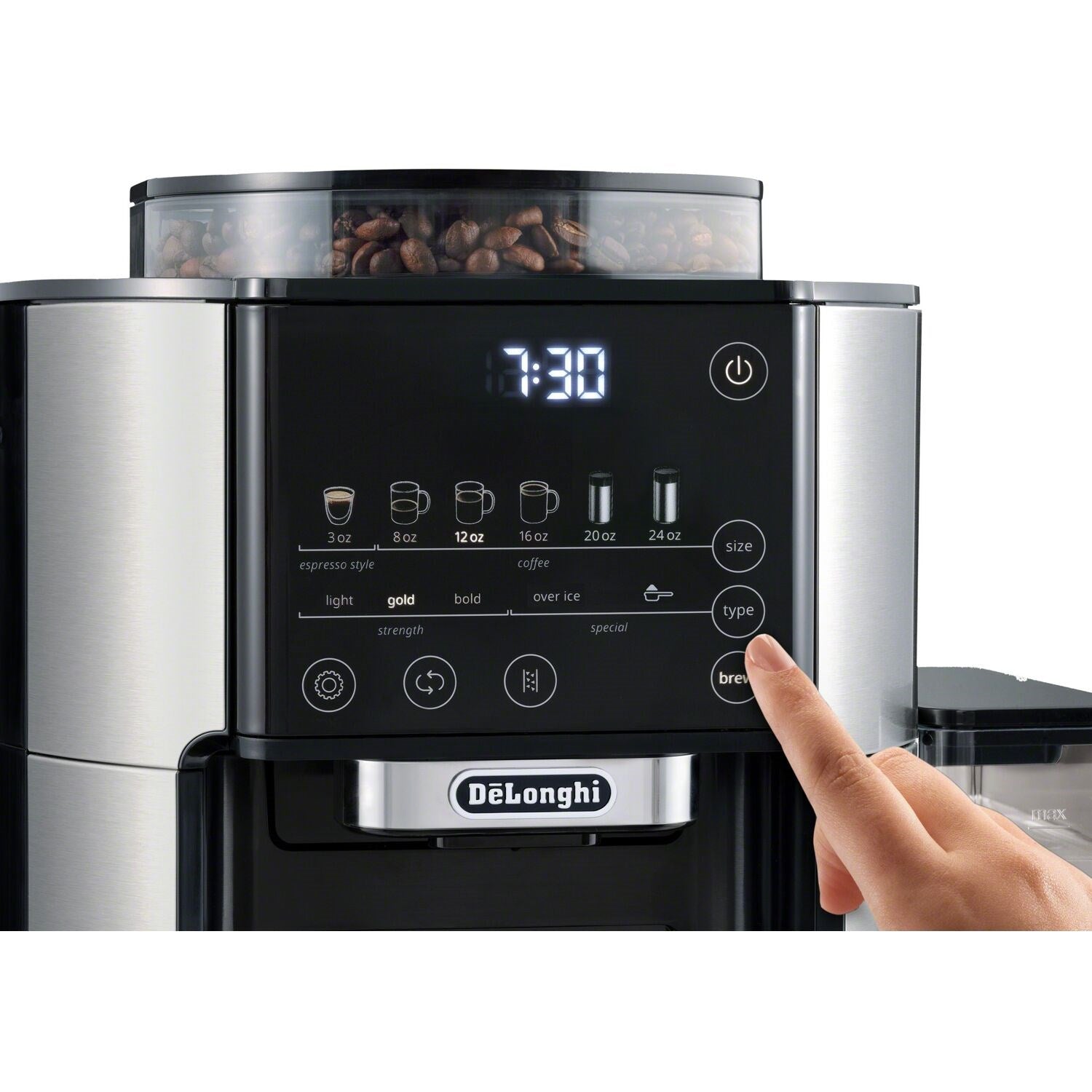 Automatic coffee maker control panel with fingertip on illuminated display