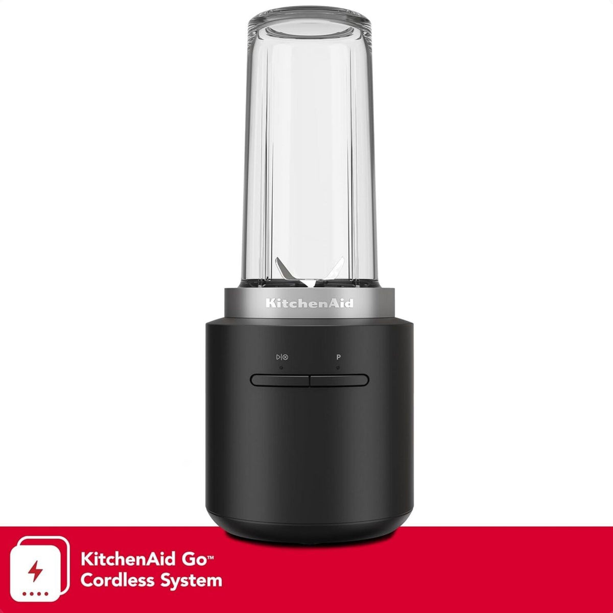 Front view of black matte personal blender with clear blending jar