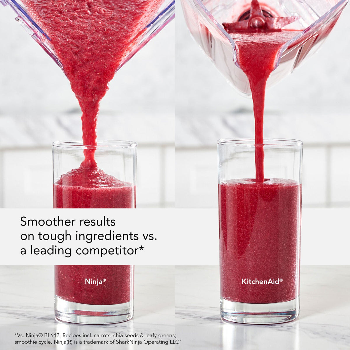 KitchenAid blender smoothie in two glasses, both filled with red blended drink