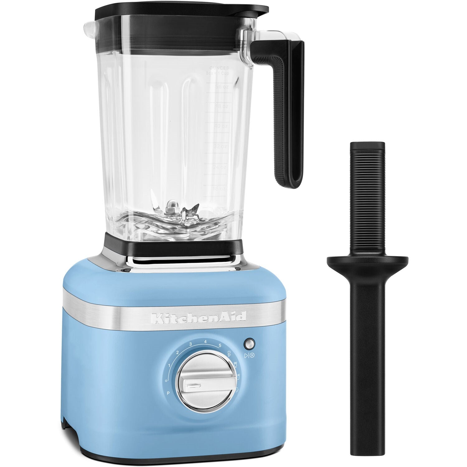 KitchenAid K400 blender with clear jar, blue base, and black blade assembly