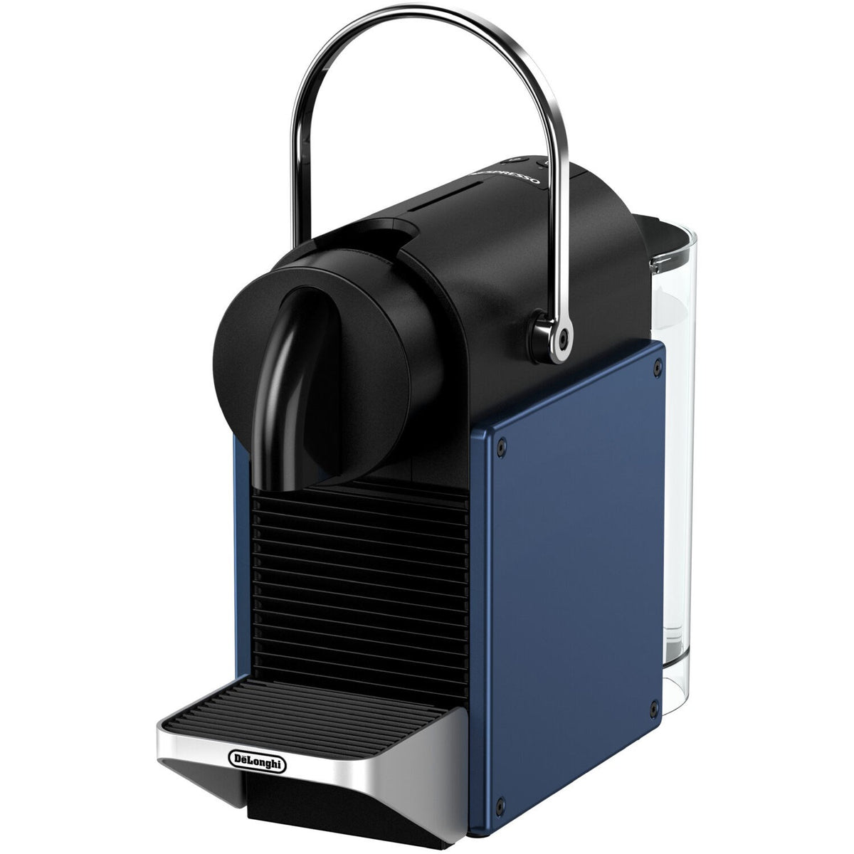 Nespresso Pixie espresso machine in dark blue with arched handle and drip tray